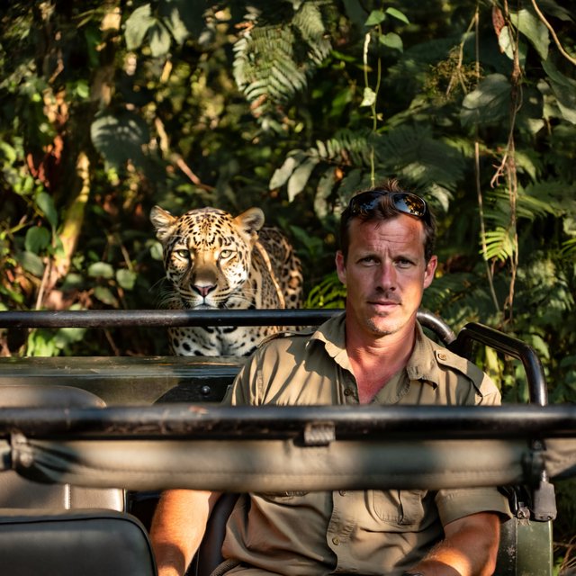 An adult on a jungle safari in his car, with a leopard lurking behind him in the bushes — ImagineArt 2