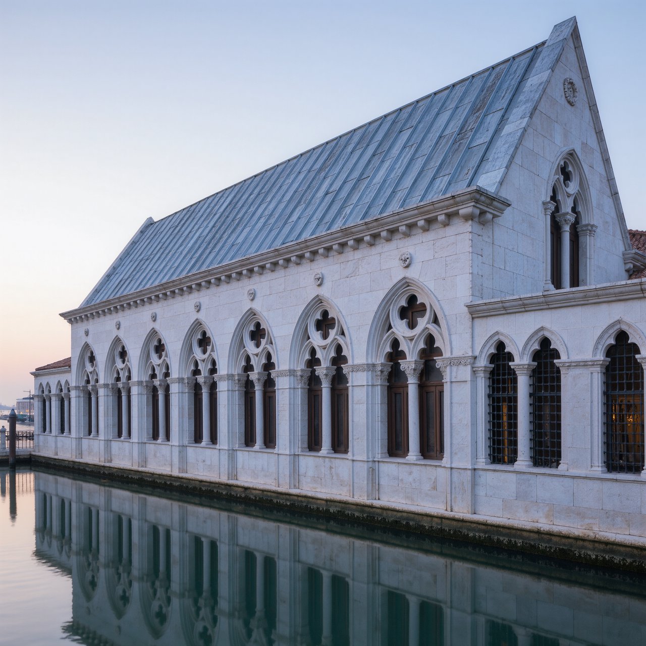 Exterior of a Venetian Gothic opera house beside a quiet canal, pale Istrian limestone, pointed arches, quatrefoil tracery, and a steep slate roof; cool morning light, viewed from across the water, crisp masonry lines and believable structure. — Kling v3 Omni