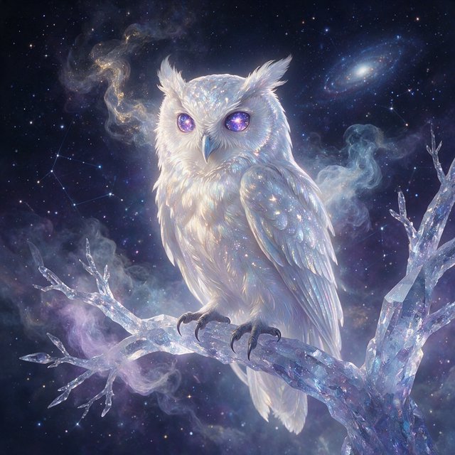 An ethereal owl with feathers made of shimmering moonlight and eyes like miniature galaxies, perched on a branch of a crystalline tree that grows in a void. Wisps of cosmic dust drift around it, and faint constellations are visible in the background. The scene evokes a sense of profound tranquility and celestial mystery. Style: Ethereal, surrealism, with a touch of photorealism. — Seedream 5.0 Pro