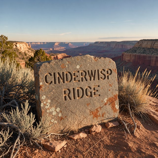 At a high desert canyon overlook, a weathered granite trail marker rises among sage and pale grasses; "CINDERWISP RIDGE" is deeply carved across its broad face, the cut letters catching slanting amber light. — FLUX 3 Image