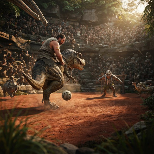 Wide shot of a golden-hour prehistoric football match, photorealistic, cinematic. A weathered, muscular adult caveman with ochre face paint sits upright on a plump medium T-Rex's back, gripping a braided leather leash. The mounted T-Rex strains mid-kick, wearing a tiny faded grey cotton T-shirt riding up over its scaled shoulders and frayed athletic shorts bunched at its hips, one massive clawed foot cocked back behind a pockmarked 3ft stone football. A weathered timber goalpost stands 20 yards ahead; the opposing T-Rex goalie hunches ready in a sleeveless striped jersey #1 and grass-stained shorts, claws dug into dusty red earth. Sunlit bleachers line the natural rock arena: cheering adult cave families wave bone flags, assorted small dinosaurs bounce and roar along the sidelines, warm late-afternoon light gilds fern fronds and dinosaur scales, soft long shadows stretch across the playing field, playful triumphant atmosphere, sharp focus on the kicking T-Rex, shallow depth of field on spectators. — Ideogram v4