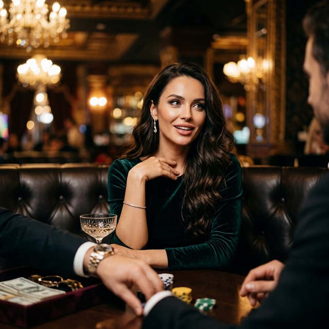Exchanging flirtatious glances. Alluring. A peerlessly beautiful adult woman. Captivating. An expression of being dazzled by money, heart racing. Ergonomics. Long hair flowing. — Nano Banana 2.1
