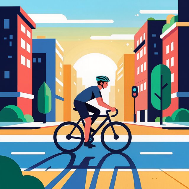 Flat vector illustration of a cyclist commuting through a city at sunrise, limited palette of five colours, geometric shapes. — Kling v3