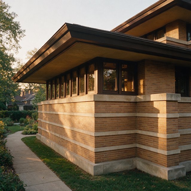 Exterior of a Prairie School residence with broad overhanging eaves, warm brick, limestone courses, and ribbon windows; amber evening light grazes the facade, viewed obliquely from a garden path, with disciplined horizontal lines and credible structure. — Seedream 5.0 Pro