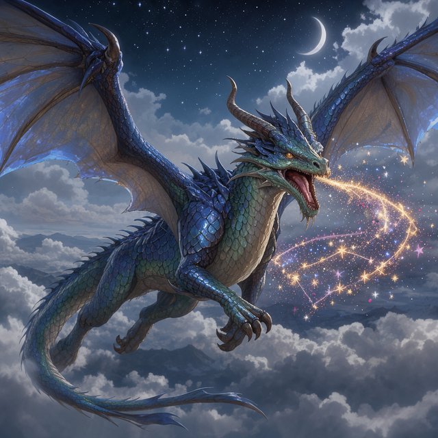 A beautiful, ethereal dragon flying through the skies breathing star flames. Detailed scales. — FLUX 3 Image Klein