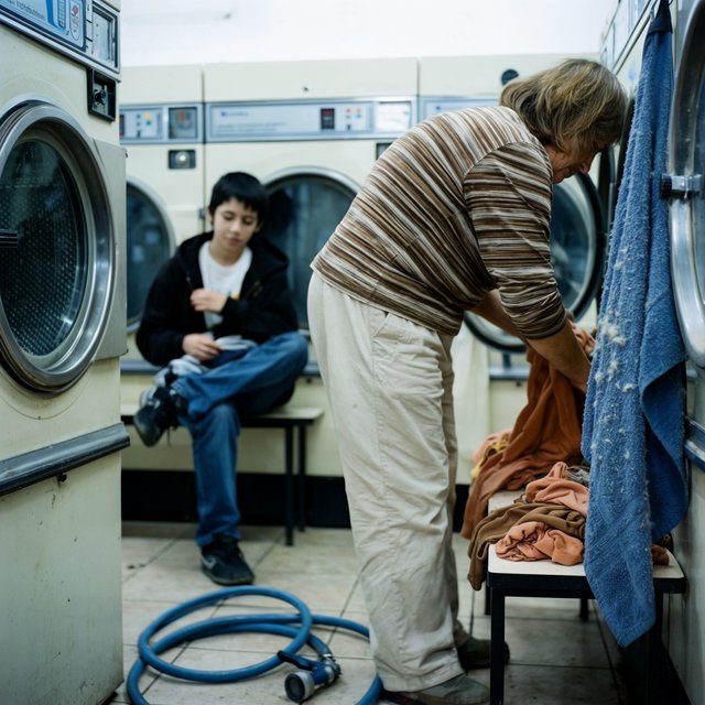 Candid documentary photograph of an adult laundromat attendant sorting warm clothes beside humming machines, cool fluorescent light, 50mm lens with moderate depth of field, loose lint clinging to a blue towel and faint condensation on the glass doors. — Krea 2 Large