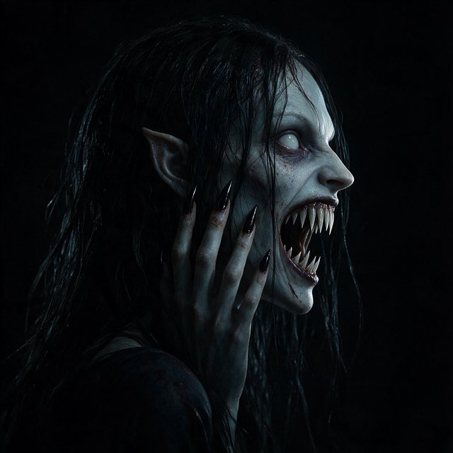 A creepy woman in side profile. Focus on the head with a slightly alien figure. Pale skin. No irises in the eyes. Mouth is open wide with very sharp, long razor teeth. Black background. Chiaroscuro effect. — Seedream 5.0 Pro
