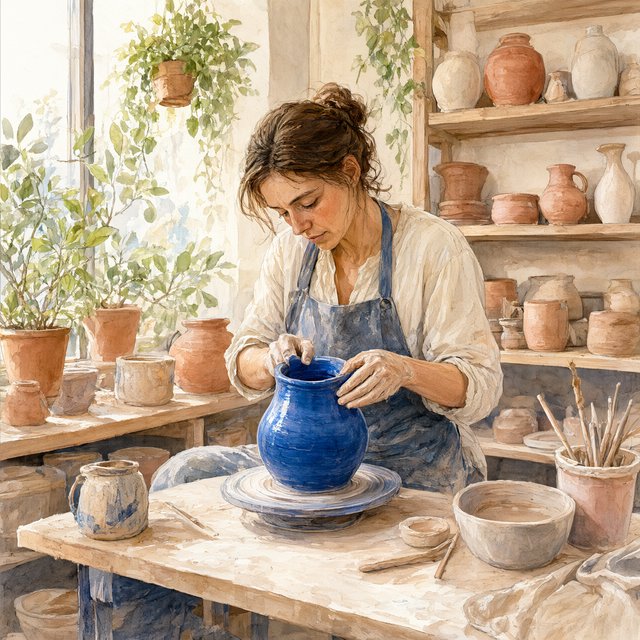 Watercolour illustration of an adult ceramicist shaping a blue-glazed vessel in a sunlit workshop, shelves of unfinished pottery and leafy plants softened by loose brushwork. Palette of terracotta, indigo, warm cream, and sage. — Qwen Image 3.0 Pro