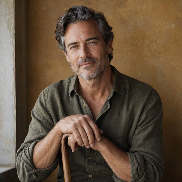 Portrait photograph of an adult man in his 40s with silver-streaked hair, wearing a textured olive linen shirt and rolled sleeves, hands resting on a wooden cane, relaxed expression, ochre plaster backdrop, soft window light from the side. — GPT Image 2