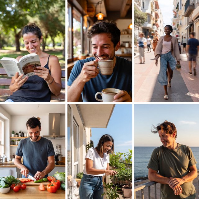 A realistic multi-panel composition with 4–7 panels, each depicting an adult enjoying a wonderful day in a distinct everyday setting. — ImagineArt 2