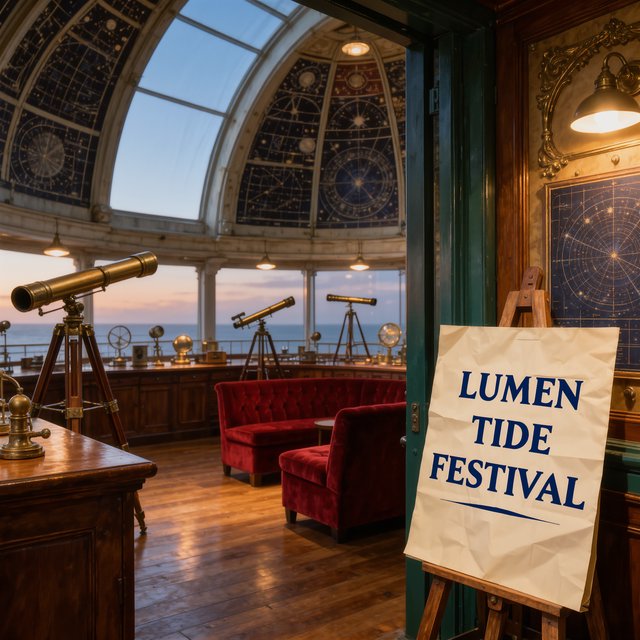 At a restored seaside observatory, a twilight meteor-watching event fills the domed hall with brass instruments, star charts, and velvet benches; "LUMEN TIDE FESTIVAL" is hand-printed in deep blue ink across a cream paper announcement beside the entrance. — Kling v3 Omni