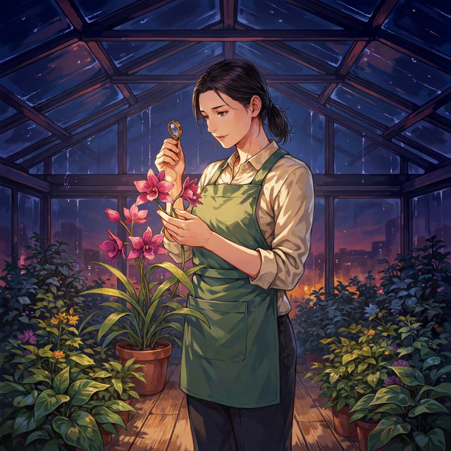 Rain beads on a rooftop greenhouse as an adult botanist studies luminous night-blooming orchids beneath glass panes; cel-shaded anime illustration in digital paint, palette of jade, magenta, indigo, and warm amber. — Ideogram v4.5