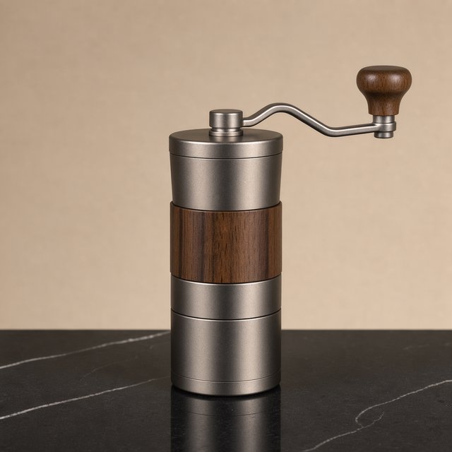Commercial product photograph of an unbranded portable espresso grinder crafted from anodized aluminum with walnut accents, resting on a black stone surface against a warm beige background, illuminated by broad diffused studio light and a subtle edge highlight. — FLUX 3 Image