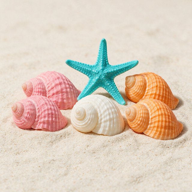 Exactly five seashells lie on pale sand: two pink shells on the left, one white shell in the center, and two orange shells on the right. A turquoise starfish sits above the center shell, nothing else. — Seedream 5.0 Pro