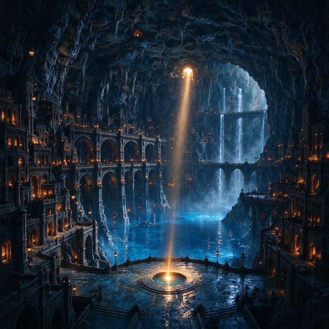 An ancient city carved inside a hollow mountain glows with windowlight, its terraced bridges spanning a blue-lit cavern while mineral mist rises around distant waterfalls and a narrow beam of sunrise reaches the deepest plaza. — Seedream 5.0 Flash