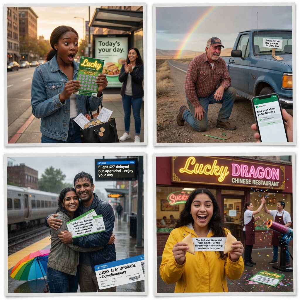 4–6 realistic scenes of people having the luckiest day of their lives. The word “Lucky” should appear at least twice in the image, and seem totally in place and seamless. The whole vibe is pretty much lucky moments that were unexpected but very welcome. — Grok Imagine Image Quality