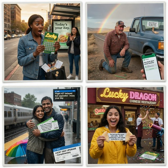 4–6 realistic scenes of people having the luckiest day of their lives. The word “Lucky” should appear at least twice in the image, and seem totally in place and seamless. The whole vibe is pretty much lucky moments that were unexpected but very welcome. — Grok Imagine Image Quality