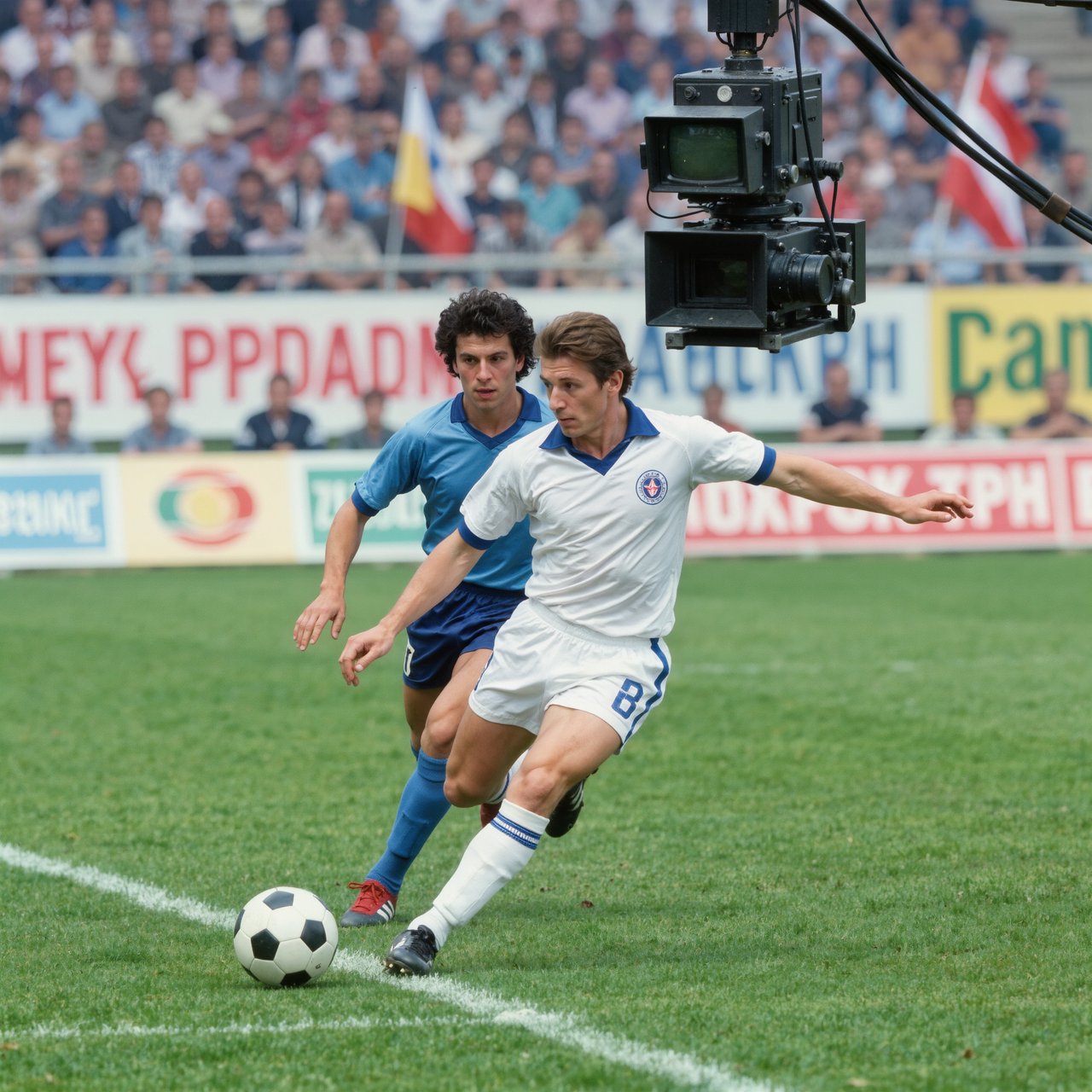 A stillshot from a Bulgarian football game, broadcast in the 1980s. — Kling v3 Omni