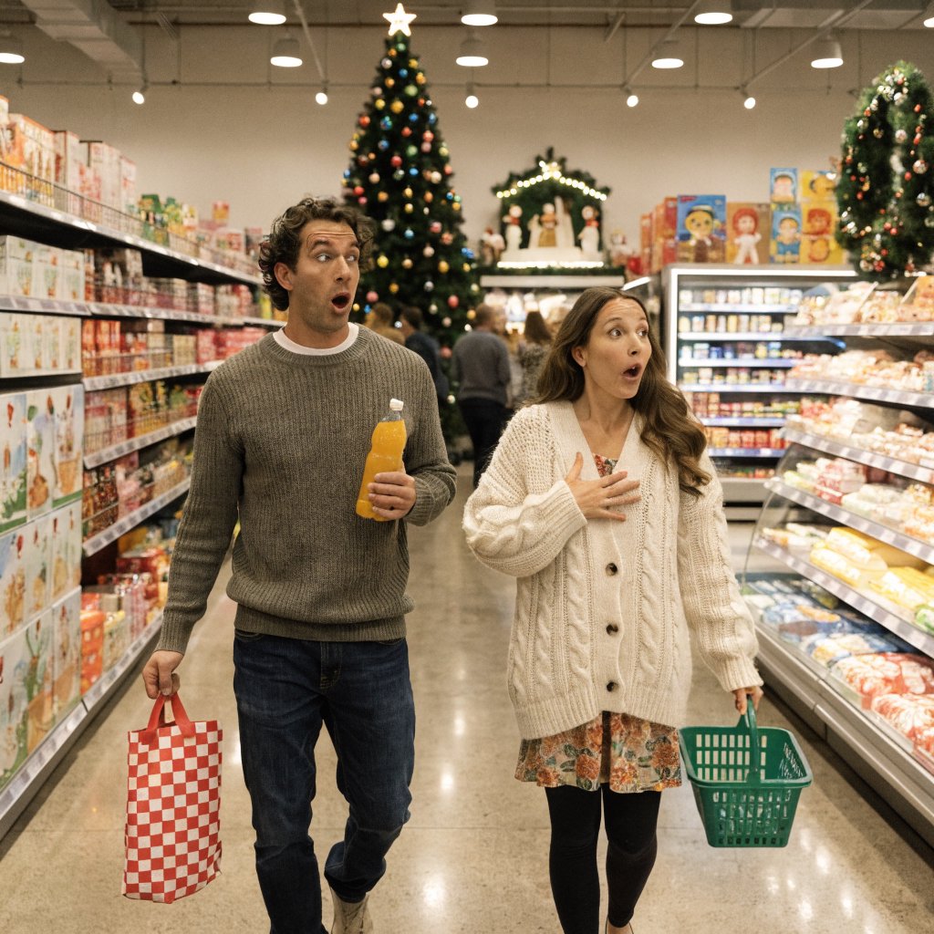 A husband and wife are shopping in a large, well-lit supermarket. They are surprised by what is for sale in the Christmas aisle. — Recraft v4