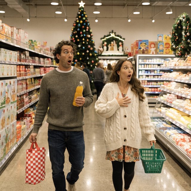 A husband and wife are shopping in a large, well-lit supermarket. They are surprised by what is for sale in the Christmas aisle. — Recraft v4