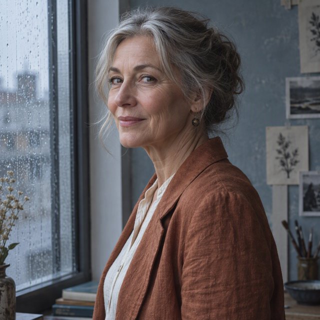 By a rain-streaked studio window, an adult woman in her early 60s turns in profile for a portrait photograph, wearing a copper-colored linen jacket over a cream cotton blouse. Her quietly amused expression rests against a muted blue-gray wall, shaped by cool, soft window light. — GPT Image 2.5 Sunburst