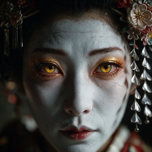 Extreme close-up macro photography of a Geisha's face. The focus is on her eyes, revealing intense emotion and hyper-realistic detail. Her skin is covered in traditional white 'Oshiroi' makeup, showing subtle, realistic cracking and skin texture. Dramatic Chiaroscuro lighting with deep shadows and a single soft light source highlighting the shimmer in her golden eyeshadow and the wetness of her eyes. Ornate kanzashi (hair ornaments) visible in the blurred periphery with intricate silk flowers and dangling silver petals. Cinematic composition, shot on 100mm macro lens, incredibly detailed eyelashes and iris patterns. — Model 20