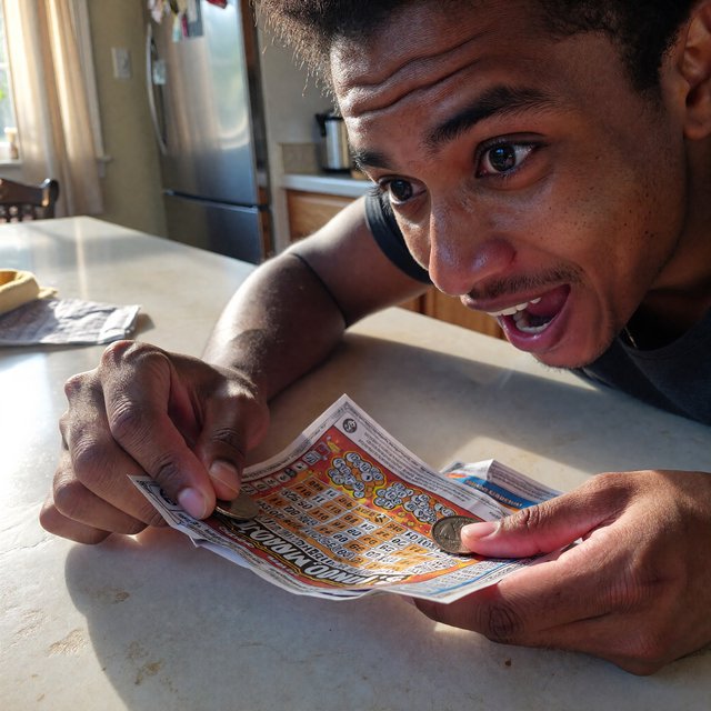 A realistic scene of a random adult person, either Black, white, or Asian, scratching a scratch ticket and discovering that they have won one million dollars. — ImagineArt 1.5 Pro