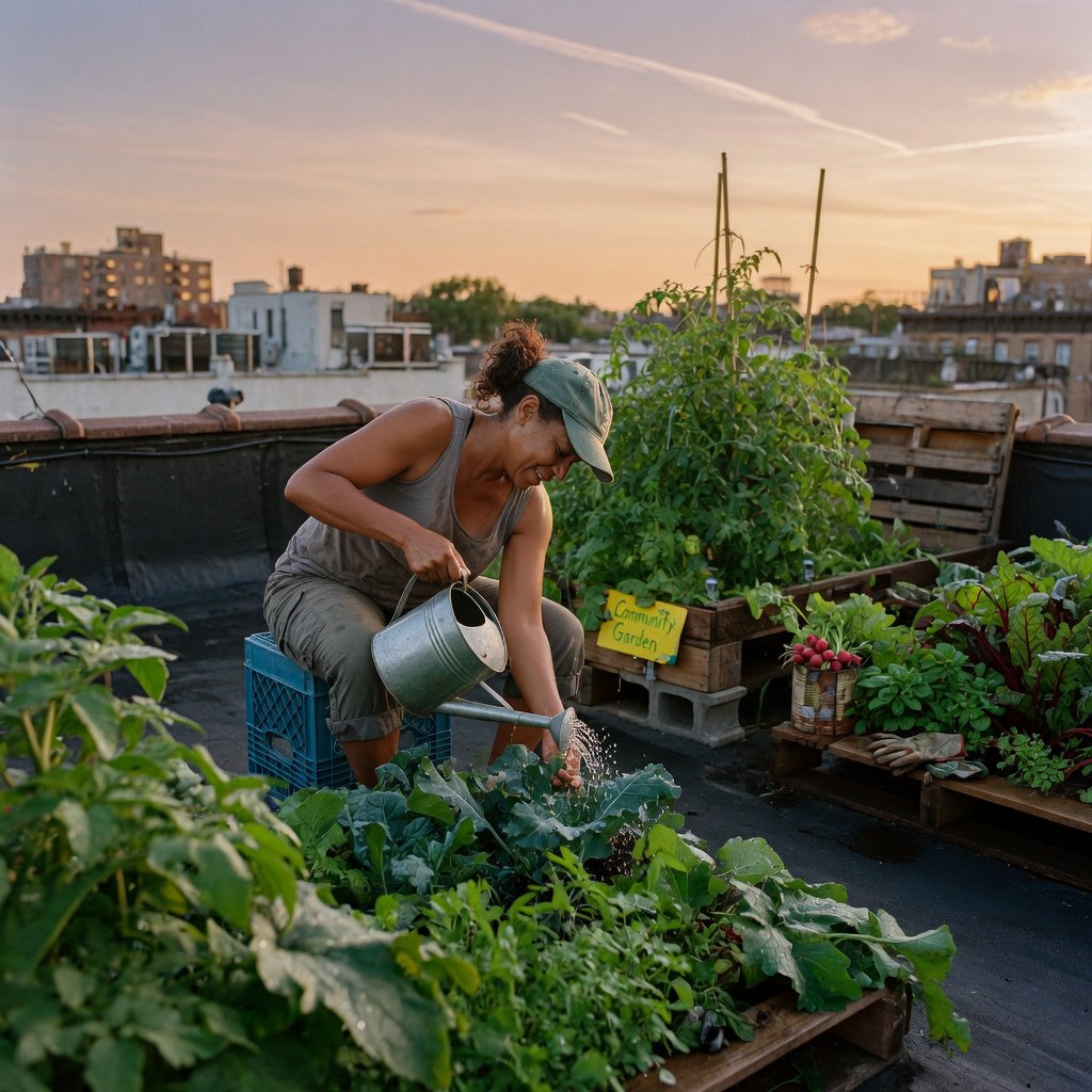 Candid documentary photograph of an adult tending a rooftop vegetable garden in the late afternoon, soft side light, 50mm lens with moderate depth of field, water droplets glinting on freshly watered leaves. — Grok Imagine Image Quality