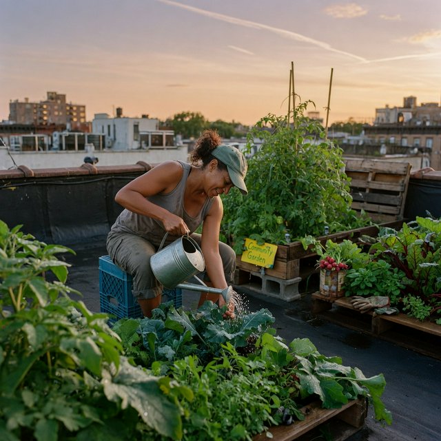 Candid documentary photograph of an adult tending a rooftop vegetable garden in the late afternoon, soft side light, 50mm lens with moderate depth of field, water droplets glinting on freshly watered leaves. — Grok Imagine Image Quality