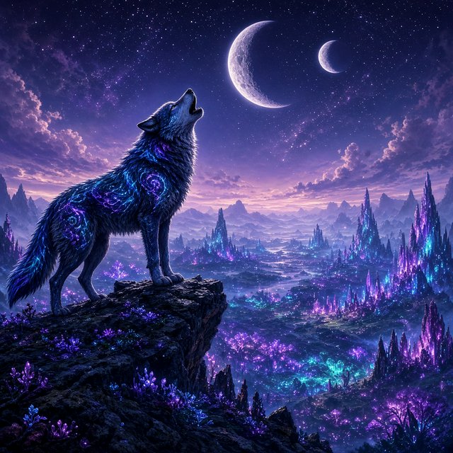A solitary wolf, its fur subtly infused with shimmering, bio-luminescent patterns, howling at a sky filled with twin moons. The wolf stands on a cliff overlooking a vast, alien landscape dotted with strange, glowing rock formations and spectral, phosphorescent vegetation. — Grok Imagine Image 2