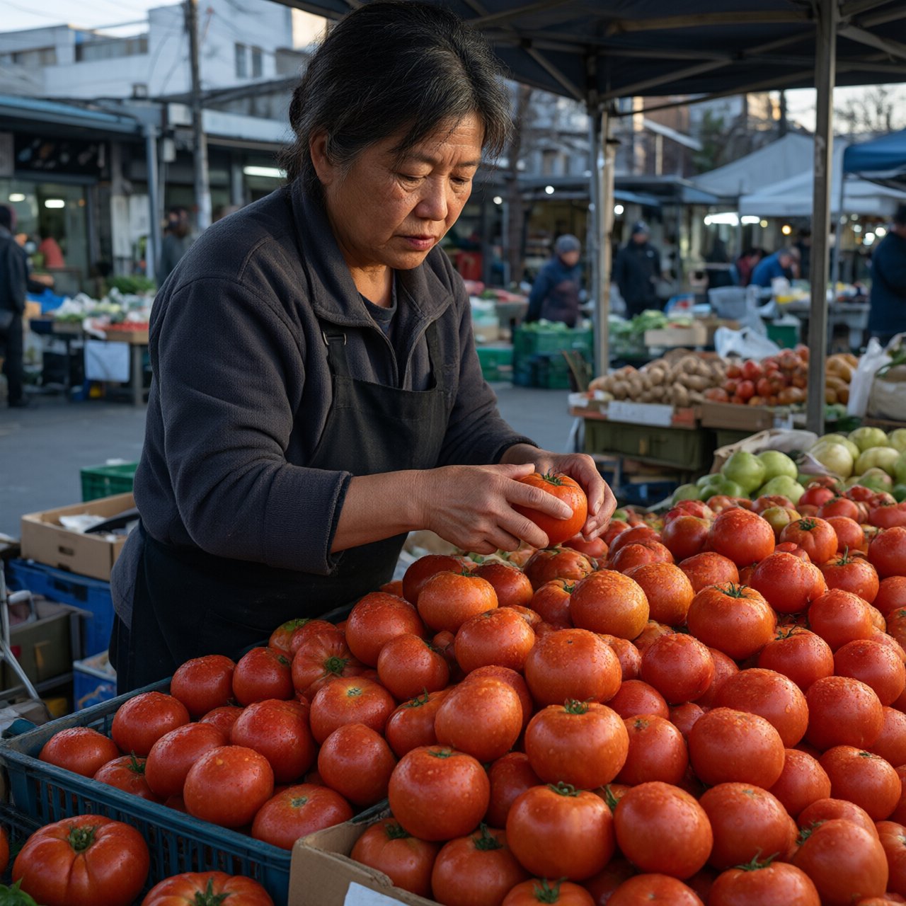 Candid documentary photograph of an adult market vendor arranging ripe tomatoes at an outdoor produce stall, cool early-morning side light, 50mm lens with shallow depth of field, condensation droplets beading on the tomato skins. — Qwen Image 3.0