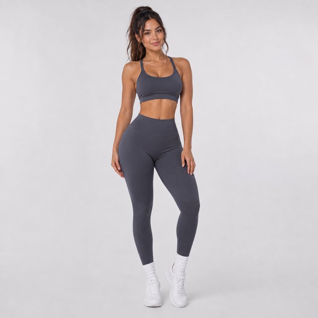 A pretty, slim woman with wide hips, wearing gym wear. Full-body image. Plain background. — GPT Image 2