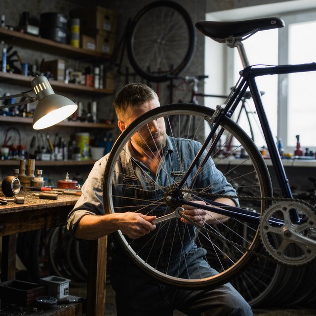 Candid documentary photograph of an adult bicycle mechanic tightening a wheel in a modest repair shop, cool window light mixing with a warm work lamp, 35mm lens with moderate depth of field, fine metal filings caught on the workbench. — Kling v3 Omni