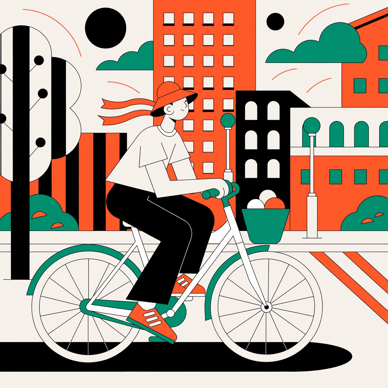 Flat vector illustration of a cyclist commuting through a city at sunrise, limited palette of five colours, geometric shapes. — Recraft v4 Pro