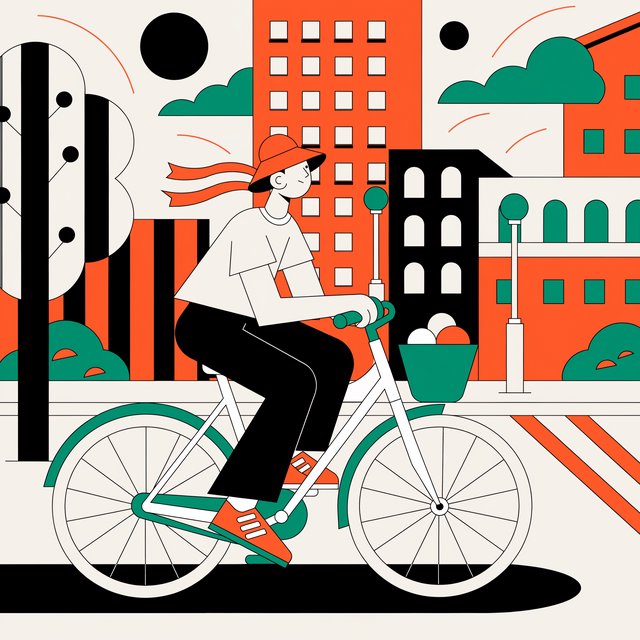 Flat vector illustration of a cyclist commuting through a city at sunrise, limited palette of five colours, geometric shapes. — Recraft v4 Pro