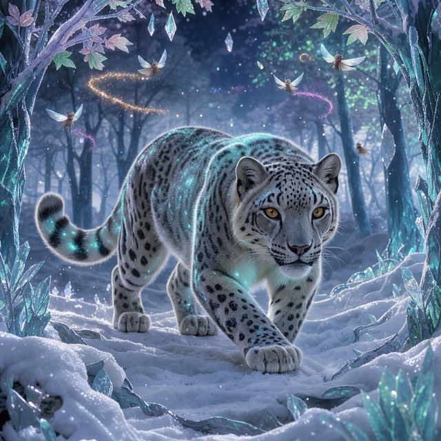 A majestic snow leopard, its fur shimmering with an internal bioluminescent glow, stalks through a frozen, enchanted forest. Crystalline trees with glowing, frost-covered leaves create a magical winter wonderland. Tiny, winged sprites flit between the branches, leaving trails of stardust. The image should capture the essence of a fairytale winter scene with a touch of photorealism, emphasizing the mystical light and the creature's ethereal presence. — Model 2