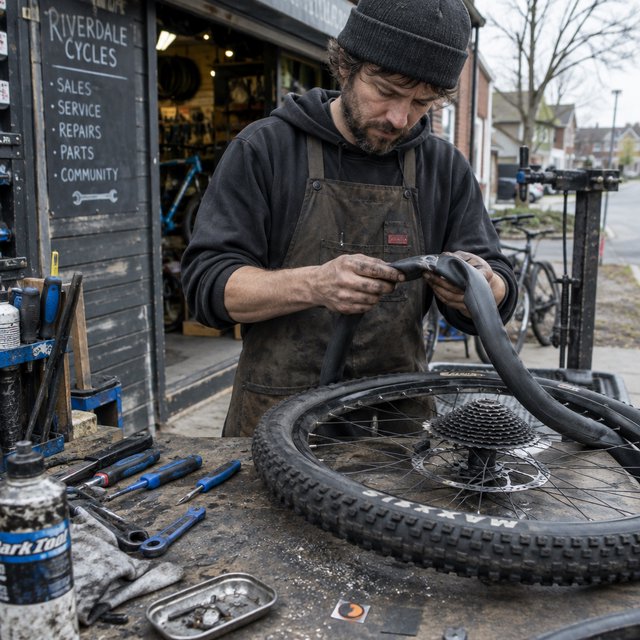 Candid documentary photograph of an adult bicycle mechanic repairing a flat tire outside a neighborhood workshop, soft overcast daylight, 35mm lens with moderate depth of field, greasy fingerprints, dust, and tiny metal shavings visible on the workbench. — GPT Image 2.5 Flare