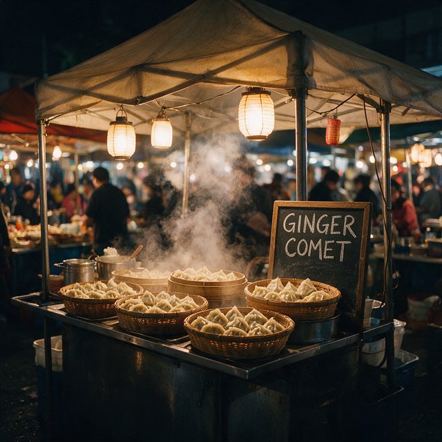 Steam curls above baskets of dumplings at a lively night-market stall, lantern light warming its canvas canopy; "GINGER COMET" is chalked in bold white letters on a blackboard beside the serving counter. — Seedream 5.0 Pro