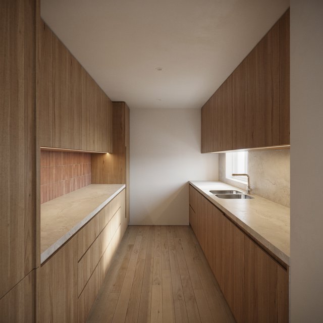 Along a galley kitchen, flat-front walnut cabinets meet pale limestone counters and a matte terracotta backsplash in restrained Scandinavian modern style; soft north-window daylight reveals the worktop from the doorway, with clean aligned lines and believable supports. — Model 8