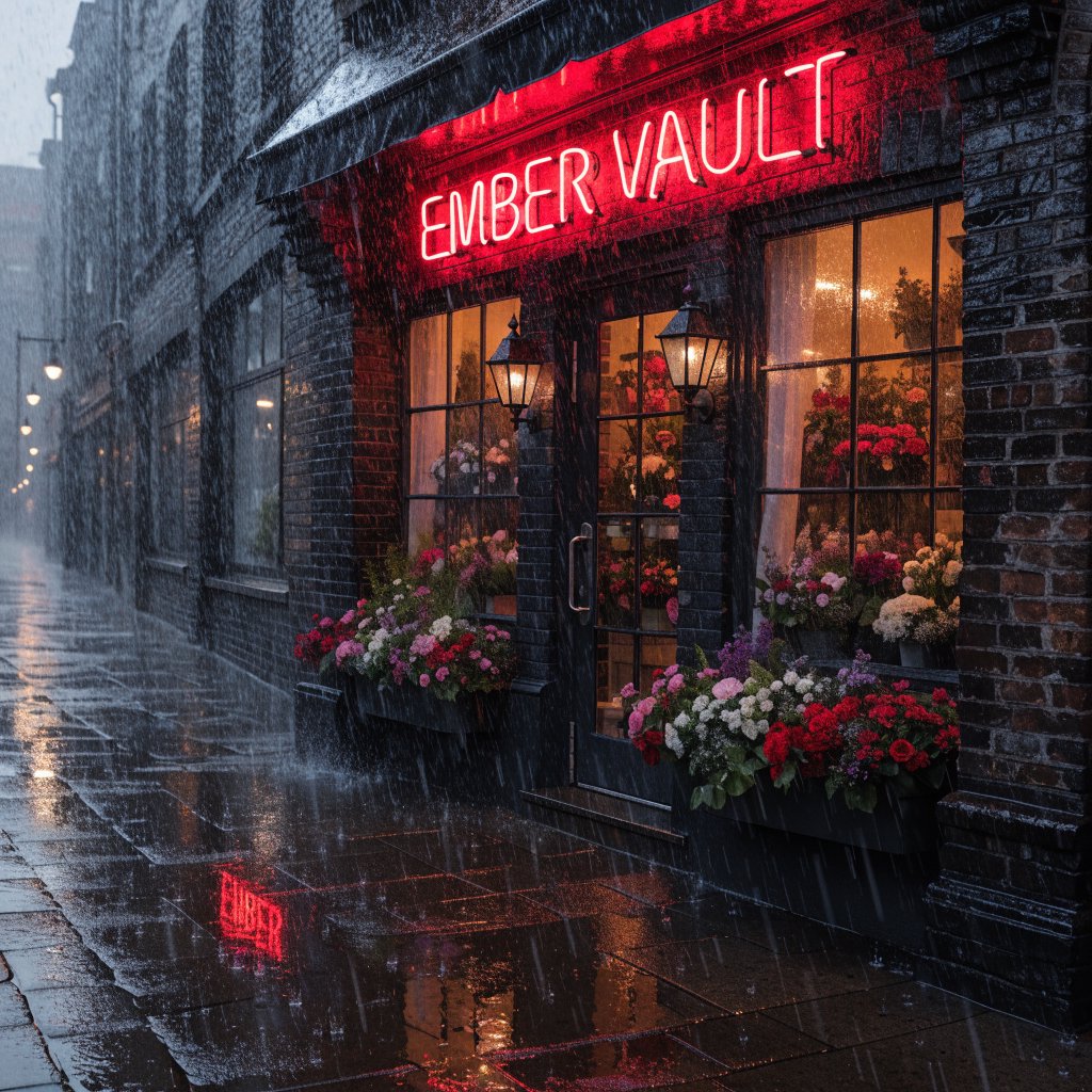 At dusk, a narrow flower shop with rain-dark brick, overflowing window boxes, and warm interior light; the invented name "EMBER VAULT" is rendered in red neon tubing above the entrance, reflected in puddles. — Recraft v4