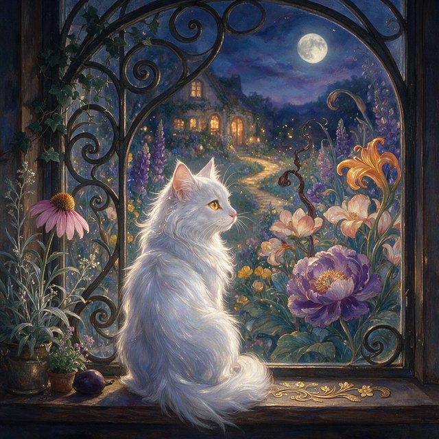A whimsical cat with fur like spun moonlight sits on a windowsill overlooking a dreamlike garden. The garden is filled with oversized, fantastical flowers rendered in a soft, painterly style, with elements of Art Nouveau curves in the plant designs. The overall mood is serene and enchanting. — Model 20
