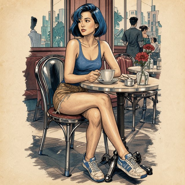 Classic American adventure-comic art with a strong 1930s–1950s pulp and Hollywood glamour influence. Exceptionally polished pen-and-ink draftsmanship, elegant controlled outlines, varied line weight, precise feathering, restrained crosshatching, and carefully placed solid blacks. Realistic but gracefully idealized anatomy, believable weight and balance, expressive naturalistic faces, and subtle character acting. Attractive characters with vintage glamour, sculpted features, and meticulously rendered hair. Strong three-dimensional form, convincing fabric folds, polished metal, leather, and other materials rendered with clarity and care. Romantic retro adventure atmosphere, richly detailed without clutter. Traditional hand-inked comic look, restrained flat colors. Avoid modern superhero exaggeration, extreme musculature, heavy digital rendering, and photorealism. A beautiful Asian woman sits at a cafe table, legs crossed. Blue tank top, torn shorts, sneakers, short bob hair dyed blue. — Model 2
