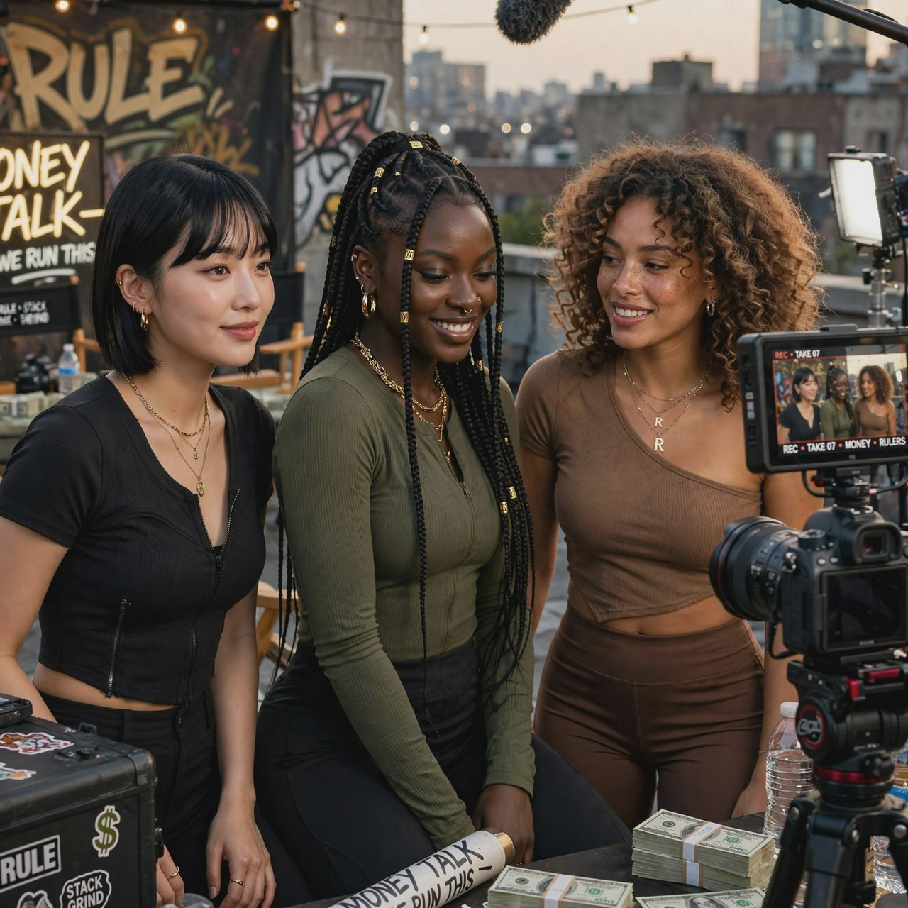 Realistic adult Korean, Black, and mixed-race female rappers filming a music video, all wearing fitted clothes. The music video is about how they are making money and are set to rule, with a really cool, laid-back vibe, shown from many angles. — Muse Image 1.0