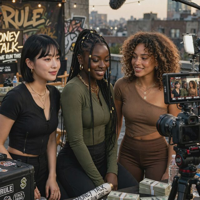 Realistic adult Korean, Black, and mixed-race female rappers filming a music video, all wearing fitted clothes. The music video is about how they are making money and are set to rule, with a really cool, laid-back vibe, shown from many angles. — Muse Image 1.0