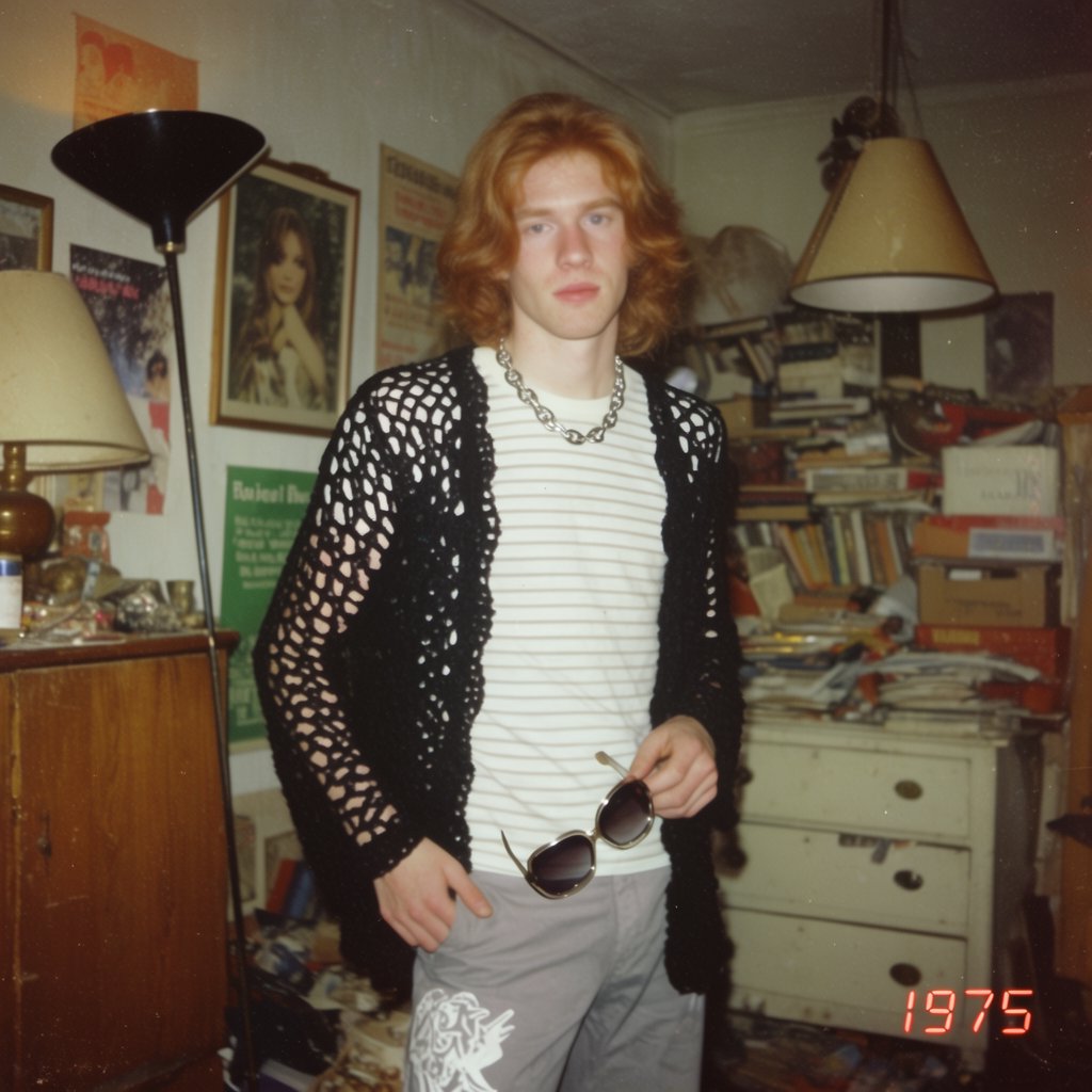 Create an image of a man in the quintessential style of 1975. Style his hair, clothing, accessories, and surroundings to reflect the distinctive look of the mid-1970s—featuring bold silhouettes, eye-catching accessories, layered details, and characteristic colors and textures. Give the image the feel of an authentic 1975 photograph, complete with analog film grain, faded colors, direct flash lighting, and a slight soft-focus effect. Add a period-accurate, red-orange date stamp in a 1970s style in one of the bottom corners. No recognizable posters. No modern objects or text. — Krea 2 Large