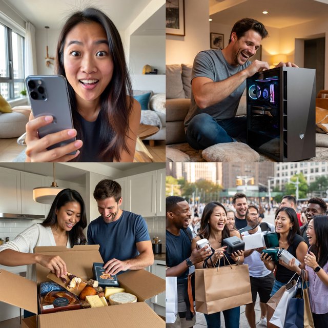 Realistic. Adults in the U.S., Canada, and Asia getting a ton of expensive free stuff (phones, PCs, nice food, and all kinds of other things). 4–6 panels. The adults react in the way one would expect as a result. — ImagineArt 2