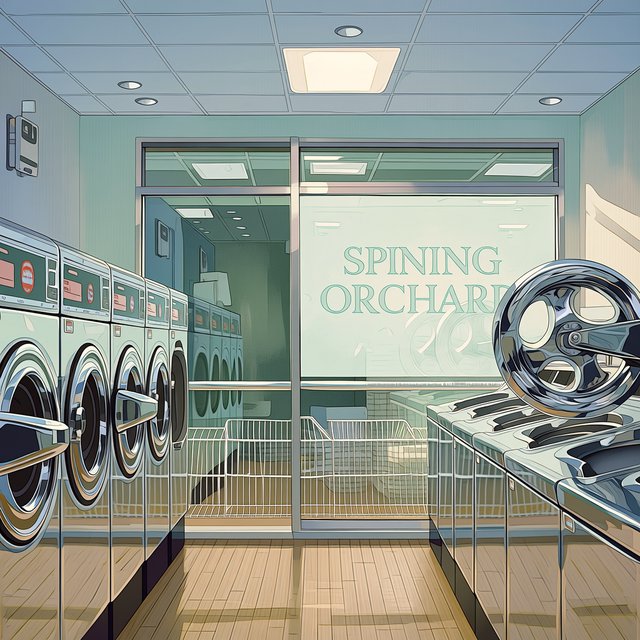 Inside a quiet neighborhood laundromat, chrome machines and folded linen glow beneath cool ceiling lights; "SPINNING ORCHARD" is printed in pale mint letters on the frosted glass entry door. — Midjourney Niji 7
