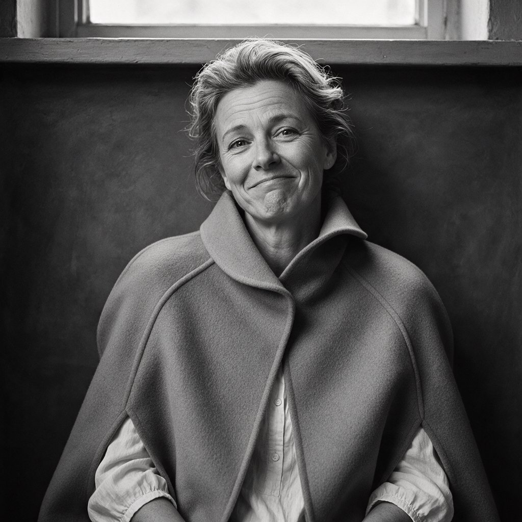 Under a narrow window beam, an adult woman in her late 50s wears a sculpted wool cape over a cotton blouse; her wry expression rests against a charcoal plaster backdrop in a black-and-white portrait, shaped by soft angled light. — Seedream 5.0 Pro