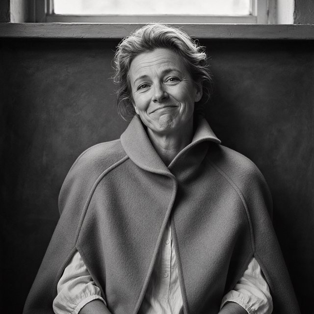 Under a narrow window beam, an adult woman in her late 50s wears a sculpted wool cape over a cotton blouse; her wry expression rests against a charcoal plaster backdrop in a black-and-white portrait, shaped by soft angled light. — Seedream 5.0 Pro