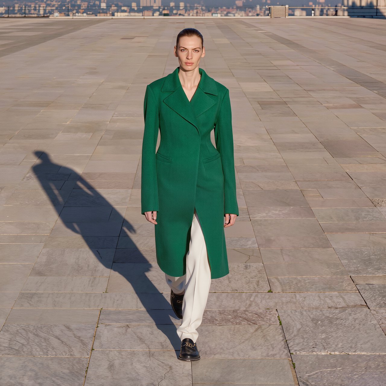 Full-length fashion editorial: model in a structured emerald wool coat and white trousers walking across a wide empty plaza, harsh midday sun, long shadow. — Kling v3